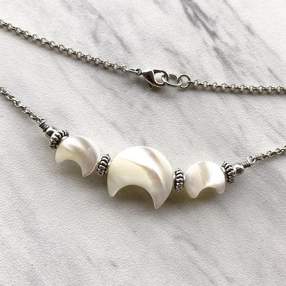Moon pearl necklace . Genuine mother of pearl crecent moon charms boho necklace - Picture 2 of 7